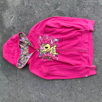 Retro Harajuku Top Unicorn Print Zipper Hoodie Women's Hip Hop High Street Versatile Cartoon Pattern Hoodie Casual Streetwear