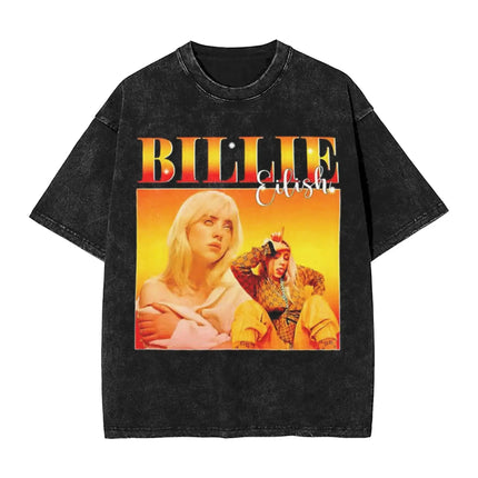 Billie Eilish Funny Poster Graphic Print T-shirt Men Women Fashion Vintage Washed Cotton O-neck Summer Tee Oversized Casual Top
