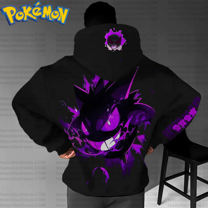 Pokemon Anime Gengar Cotton Hoodie Black Color Character Print with Full Body Purple Ghost Pattern Casual Streetwear