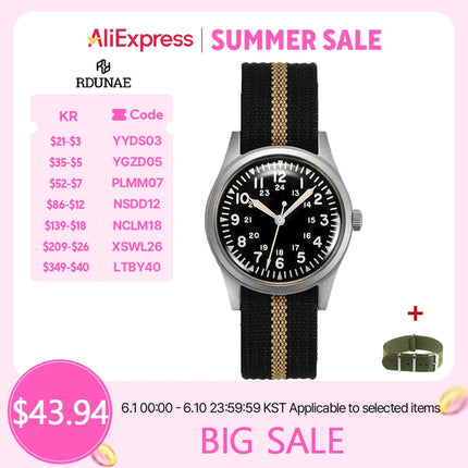 2025 New RDUNAE RA03 34.5mm Military Men Vintage Quartz Watch G10 Miyota 2035 Watches K1 Mineral Glass Stainless Steel Wristwatc