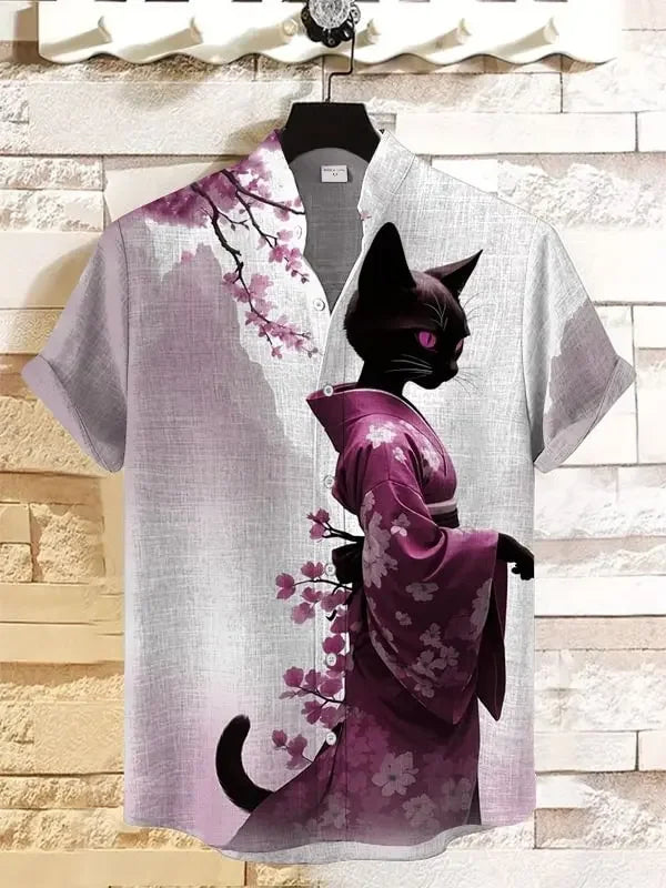 Men's Funny Cat Print Beach Shirts 3D Full Print Hawaiian Shirt for Men Women Summer Short Sleeve Lapel Aloha Shirt Blouse