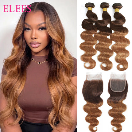 12A Ombre Body Wave Bundles Human Hair With Closure Unprocessed Virgin Hair Brazilian Ombre Colored 3/4 Bundles With Closure