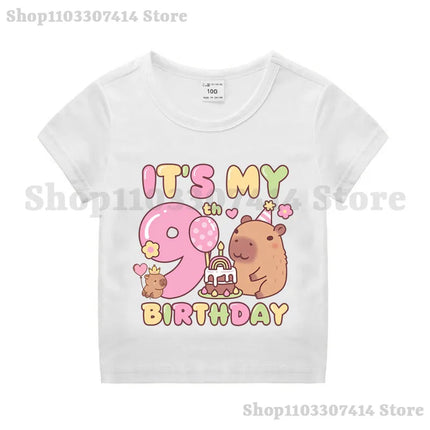 Capybara Girl Anime Cotton T-shirt Kids Cartoon Cute Top Number 1-10 Pattern Print Tee Summer Birthday Party Clothing Gifts 2025