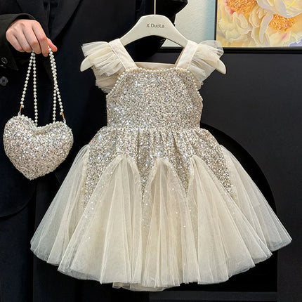 Kids Girl Clothes Sequined Flying Sleeves New Summer Party Dresses For Girls Elegant Mesh Vest Skirt Princess Dress Evening Prom