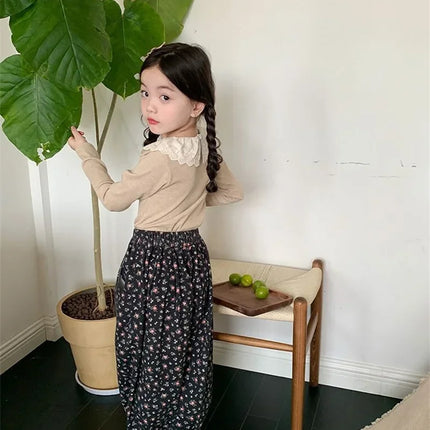 1-12 Years Long-Sleeved Shirts Children's Spring Knitted Tops Baby's Lace 2025 Lace Base Shirt Korean Girls Ruffle Collar T-shirt
