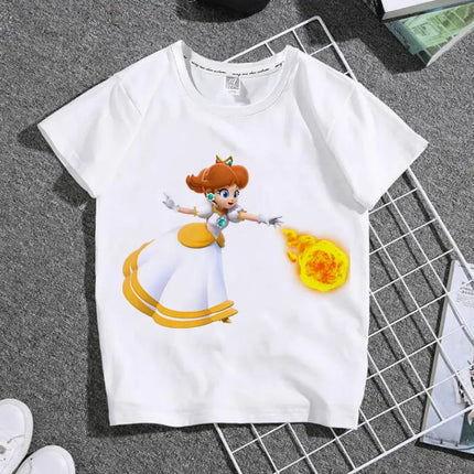 The New 2026 Super Mario Mary Cartoon Parent-child Outfit Male and Female Students Summer White T-shirt with Short Sleeves