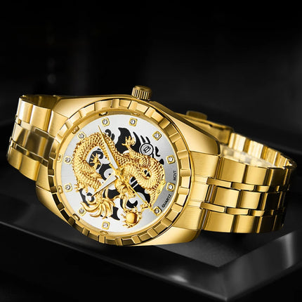 WLISTH Men's Watch 3D Golden Dragon Original Quartz Watch for Men Dragon Dial Waterproof Luminous Date Stainless Steel Watches