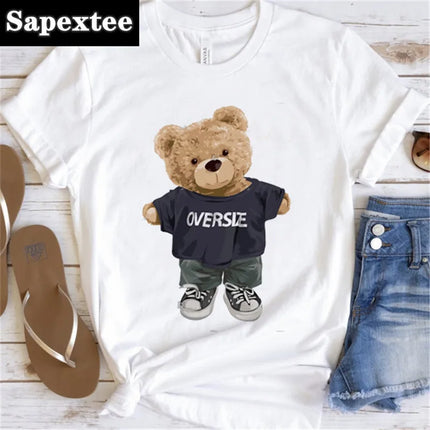 Women's Cute Bear Graphic T-shirt Short-Sleeved Clothes Women's Print T-shirt Summer 90s Fashion Style Women's Fashion T-shirt