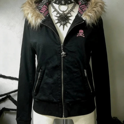 2026 Y2K Gothic Punk Faux Fur Hooded Jacket Women Printed Vintage American Harajuku Subculture Black Casual Streetwear