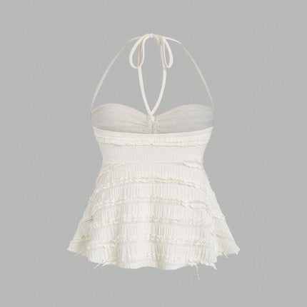 Women's Summer Fashion Casual Apricot Drawstring Neck Knitted Lace Textured Short Halter Neck Lace Up Vest Top