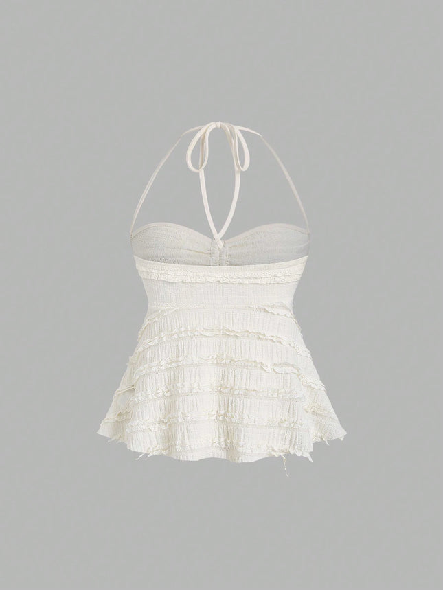 Women's Summer Fashion Casual Apricot Drawstring Neck Knitted Lace Textured Short Halter Neck Lace Up Vest Top