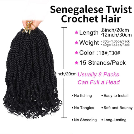 8 Packs Wavy Senegalese Twist Crochet Hair with Curly Ends, 8 Inch Black Synthetic Pre Looped Short Crochet Braids,