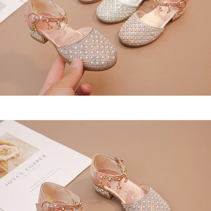 Girls High Heeled Shoes for Wedding Party Glitter Rhinestone Pendants Shiny Glitter Fashion Princess Kids Leather Dress Shoes