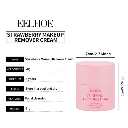 EELHOE Strawberry Makeup Remover Balm Deep Hydration Oil Control Refreshing Clean Skin Care for All Skin Types Cleansing Balm