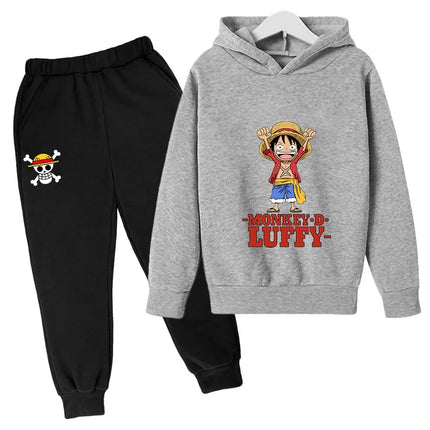 Boys Hoodie and Sweatpants Set for 3-12 Years Japanese Anime One Piece Luffy Zoro Kids Girls Casual Hooded Sweatshirt Tops