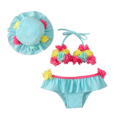Infant Baby Girls Three-piece Bathing Suit, Flower Halter Neck Swimming Tops, Bottoms and Sun Protection Cap