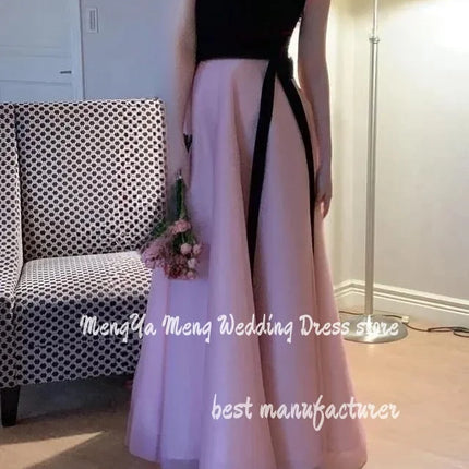 Simple Black And Pink Korea Evening Party Dresses A Line Strapless Wedding Photos Shoot Sleeveless Backless Corset Prom Dress