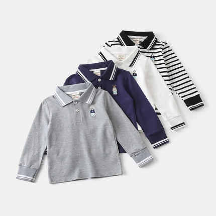 Kids Boys Long Sleeve Tees RAISE Spring 2026 Infant Babys Boys Polo Shirts Loose Bear Embroidery Striped Children Boys Pullovers