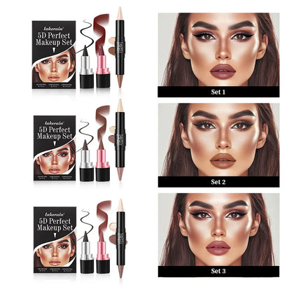 5D Perfect Makeup Set With Contouring Stick Eyeliner And Lipstick Easy Coloring Sweat-proof Long Lasting Daily Makeup Set