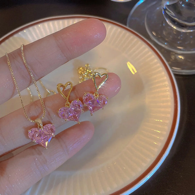 Y2K Heart Jewelry Set 3pcs Pink Crystal Zircon Pendant Earrings Necklace for Women Elegant Gift