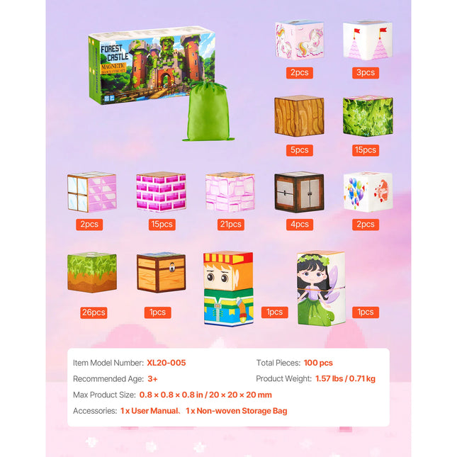 SucceBuy 100PCS Magnetic Blocks Princess Castle Set Magnetic Building Cubes STEM Montessori Sensory Toys for Kids Birthday Gift