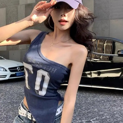 American High Street Hot Girl Slanted Collar Off-Shoulder Irregular Letter Print Camisole Vest Women's Retro Slit Top Y2K 2000s