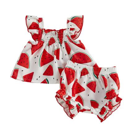 Baby Girl Summer 2Pcs Outfits Watermelon/Sunflower/Ocean Print Ruffled Trim A-Line Flying Sleeve Square Neck Tops and Shorts Set