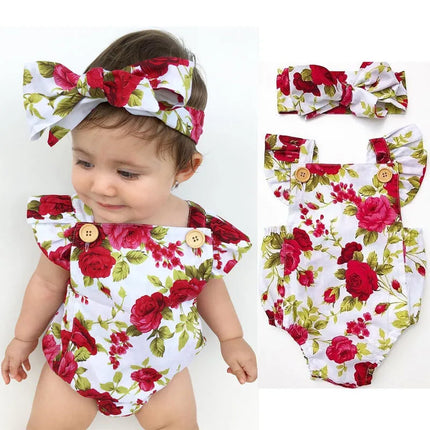 0-24months Toddler Girls Ruffle Sleeveless Romper Summer Floral Square Collar Button Baby Girls Bodysuit + Headband