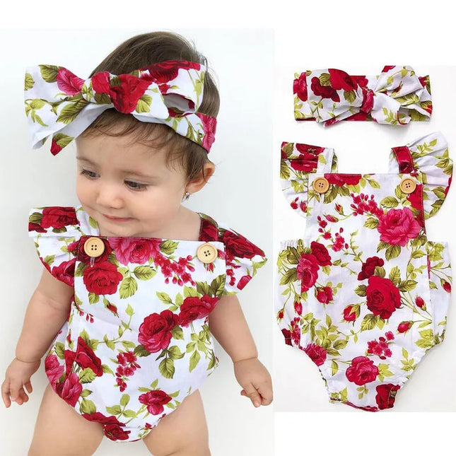 0-24months Toddler Girls Ruffle Sleeveless Romper Summer Floral Square Collar Button Baby Girls Bodysuit + Headband