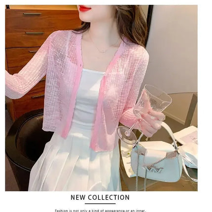 Slim Fit Knitted Long Sleeve Short Cardigan Women's Summer New Style Korean Version Thin Outerwear Pure Color Sun Protection Shi