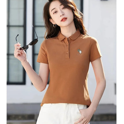 Korean version pure cotton lapel short sleeved women's T-shirt summer new high-end polo shirt embroidered casual plus size top