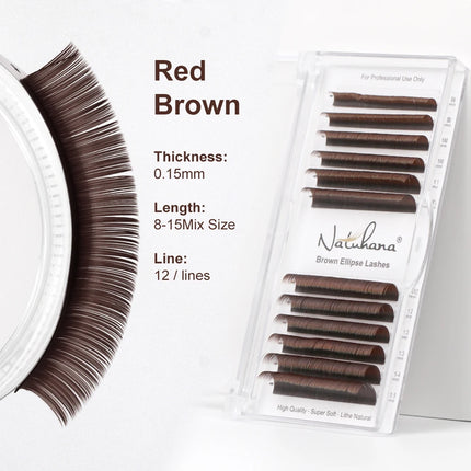 NATUHANA Brown Ellipse Flat Eyelashes Extensions Matte Faux Lashes Split Tips Soft Light Weight Ellipse Shaped Makeup Tools