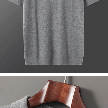 Men's T-shirt summer worsted wool sweater short-sleeved casual solid color men's clothes POLO collar knitted Tops loose Blouse