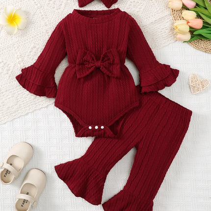 Baby girl autumn and winter casual fashion texture fabric round neck double-layer flared sleeves bow bow front jumpsuit and flar