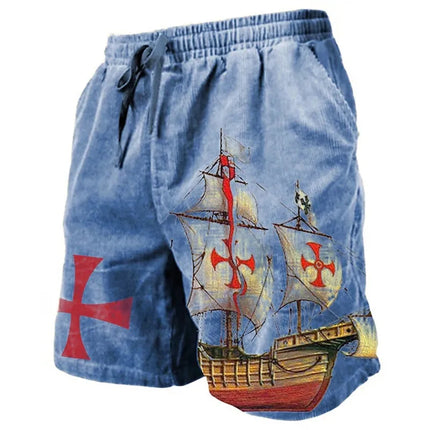 Men's Beach Shorts Compass Pattern 3D Retro Printed Shorts Men's Summer Breathable Drawstring Shorts Fitness Street Shorts