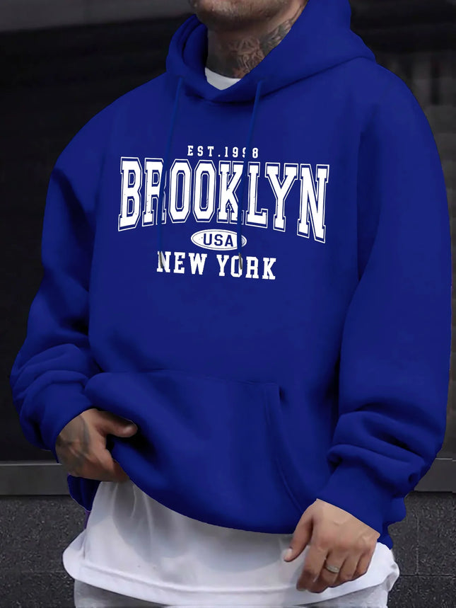 Men's autumn and winter casual fashion loose Brooklyn New York letter printed long sleeved hooded sweatshirt warm pullover