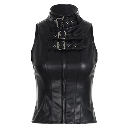 Punk Street Style Spice Girl Turtleneck Metal Buckle PU Leather Vest Slim Fit Sexy Short Sleeveless Top
