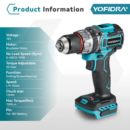 YOFIDRA 13MM 700N.m Brushless Electric Impact Drill 20+3 Torque  Cordless Screwdriver DIY Power Tool For Makita 18V Battery Pin