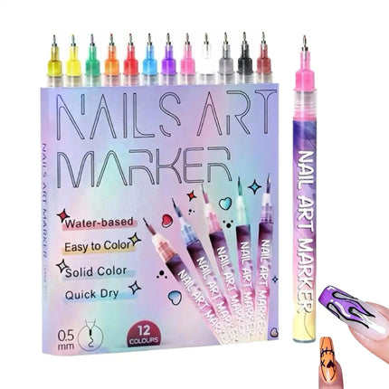 12 Colors Nail Art Pens Set 3D Nail Polish Pen Graffiti Dotting Pen Acrylic Paint Pens Point Liner Pen Drawing Painting Nail Art