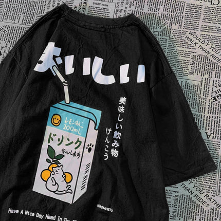 Cute Japanese Cat Print Oversized T-shirt Women Men Short Sleeve Loose Casual Tee Shirt Streetwear Tops Harajuku Clothing