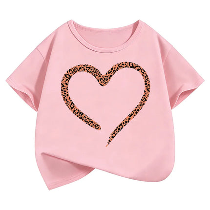 Love Heart Leopard Print Fashion T Shirts Y2k Kids Children's T-shirt Boys Girls Summer Spring Casual Top Tee Shirt