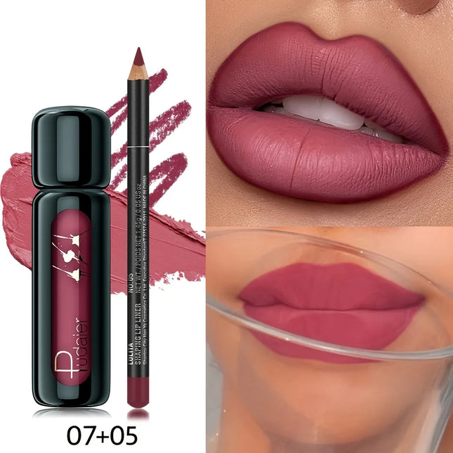 1set Long-lasting waterproof matte lip liner pen and lip gloss set - Smooth and natural tones, waterproof and not easy to smudge