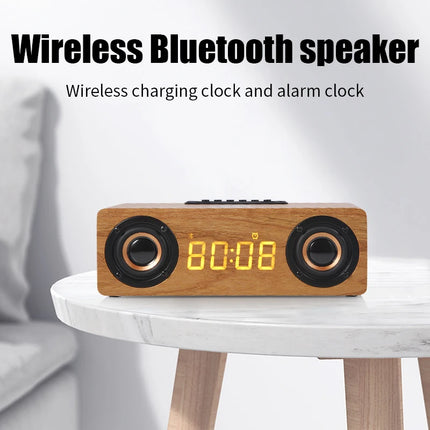 Fast Wireless Charger Wooden Wireless Bluetooth Speaker Alarm Clock with Subwoofer 3D Stereo Boombox Sound Bar for Computer TV