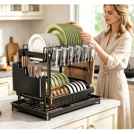 Double Layer Drainable Tableware Rack Large Capacity Metal Stand Lockable Bowl Holder Kitchen Storage Organizer