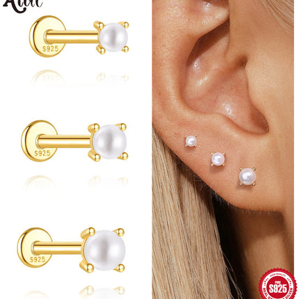 Aide Minimalism 2-3-4mm Pearl Ear Stud Stud Earrings 925 Silver Round Natural Pearl Ear Bone Flat Piercing Stud Fine Jewelry 1pc