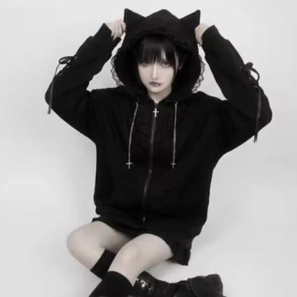 Japanese Kawaii Sweatshirt Long Seleeve Casual Women Subculture Hoodies Rivet Print Coat Cute Sweet Style Chic Women Clothing