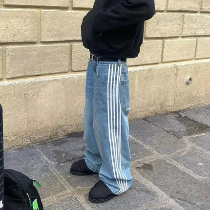 American Harajuku Style Baggy Jeans Y2K Streetwear Striped Denim Pant Men Women Casual Wide Leg Trousers Trendy High Street Pant