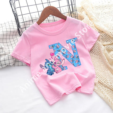 Stitch Disney T Shirt for Girls Children Clothes Tops Children's Clothing Letter A-Z Cotton Short Sleeve Summer Child Cute Gifts