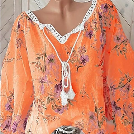 2026 Europe and the United States spring and summer new women's top V-neck splicing print large size long-sleeved shirt women