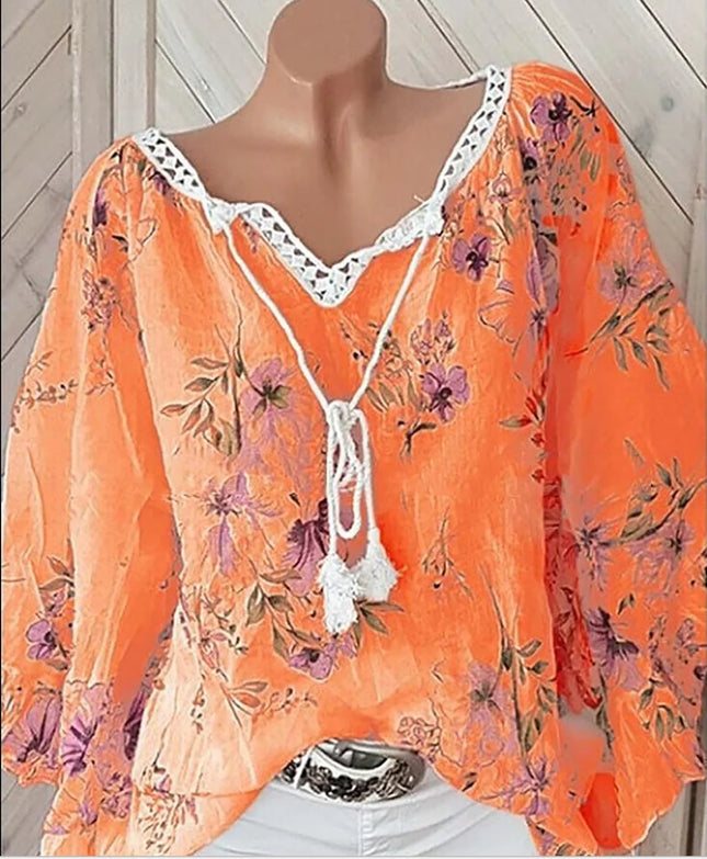 2026 Europe and the United States spring and summer new women's top V-neck splicing print large size long-sleeved shirt women
